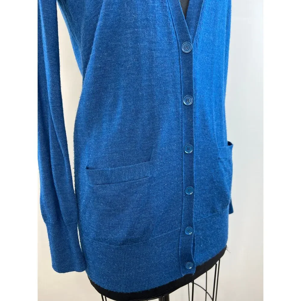 J Crew Classic Merino Wool Long Cardigan Sweater Blue Long Sleeve V-Neck S Small